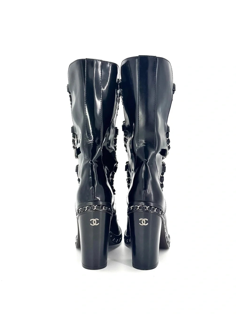 Chanel A/W2013 Karl Lagerfeld Chain Obsession Patent Leather Block Heel Boots 37